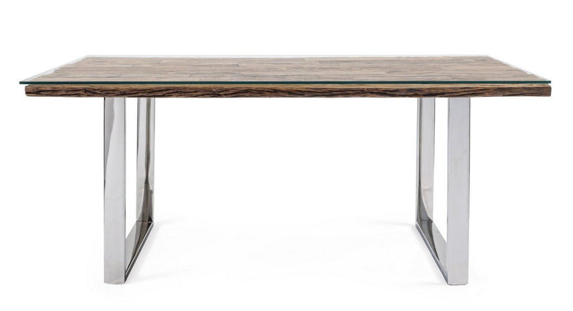 Tavolo "C-V Stanton" rettangolare, con gambe in acciaio, piano in legno riciclato e vetro temperato, stile moderno