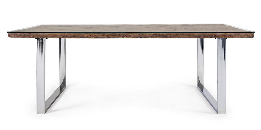 Tavolo "C-V Stanton" rettangolare, con gambe in acciaio, piano in legno riciclato e vetro temperato, stile moderno
