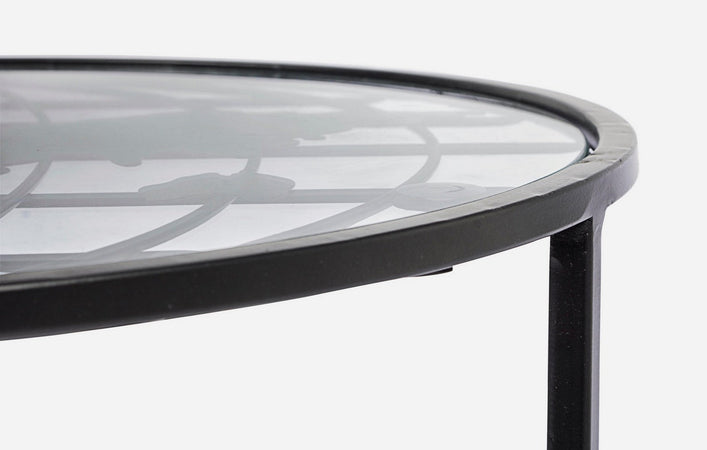 Tavolino "Mondo" struttura in acciaio e piano in vetro per arredamento set da 2