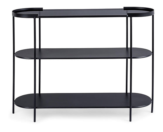 Consolle "Korvet" struttura in acciaio con piano in vetro per interni