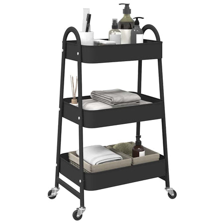 Carrello Portaoggetti Design Versatile a 3 Ripiani 42x41,5x77cm in Acciaio Nero