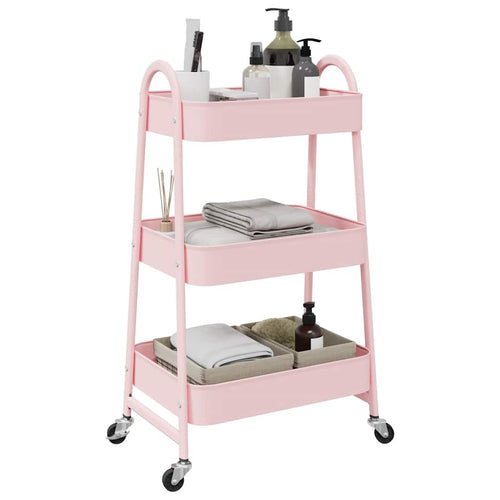Carrello Multiuso Rosa 3 Ripiani con Ruote in Acciaio 42x41,5x77 cm