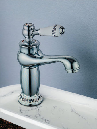 Rubinetto miscelatore per lavabo bagno vintage con dettagli in ceramica cromato
