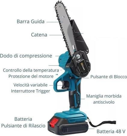 MOTOSEGA ELETTRICA A BATTERIA MINI SEGA 96V DA 6" POLLICI CON OLIO MAX 2000mAh