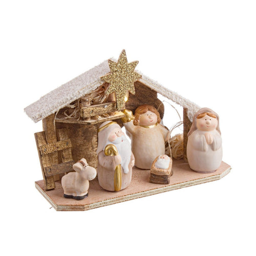Natività Emmaus in ceramica con capanna e led decorazione presepe