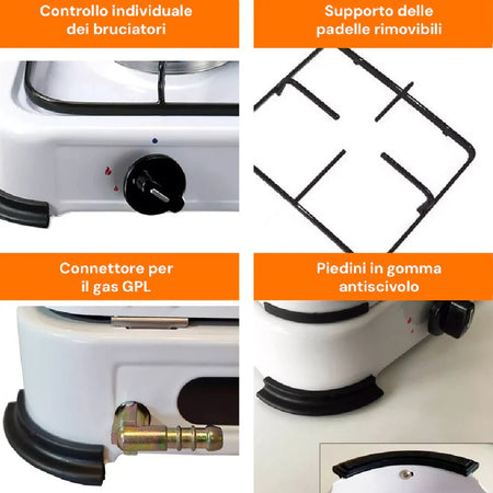 Fornello Cucina a Gas 2Fuochi Accensione Manuale Campeggio Casa Fiamma Regolabile
