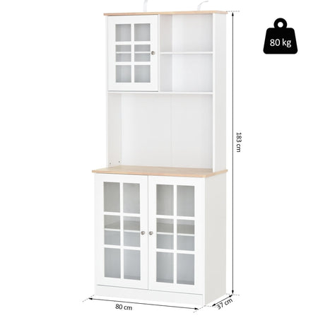 Credenza alta da cucina Moderna in Legno MDF Bianco con 2 Vetrinette 80 x 37 x 183 cm , mobile vetrina multiuso sala da pranzo soggiorno salotto ingresso ufficio studio F835-209A
