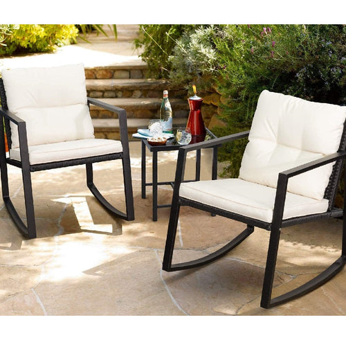 Set Tavolo e Poltrone Dondolo da Esterno Giardino Polyrattan con Cuscini Lavabili