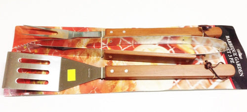 SET ATTREZZI BARBECUE CM 45 MANICO LEGNO PINZA + PALETTA + FORCHETTONE 3 PZ