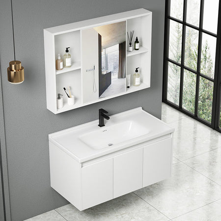 Mobile da Bagno Sospeso 90 cm con Lavabo Ceramica, Specchio e Rubinetto Incluso