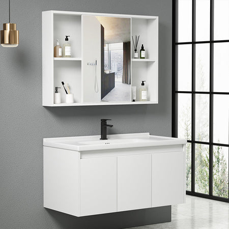 Mobile da Bagno Sospeso 90 cm con Lavabo Ceramica, Specchio e Rubinetto Incluso