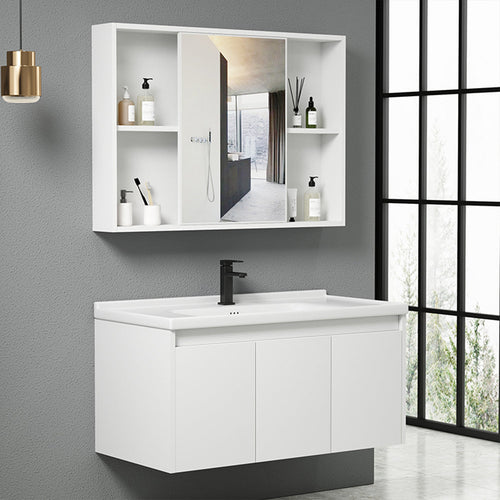 Mobile da Bagno Sospeso 90 cm con Lavabo Ceramica, Specchio e Rubinetto Incluso