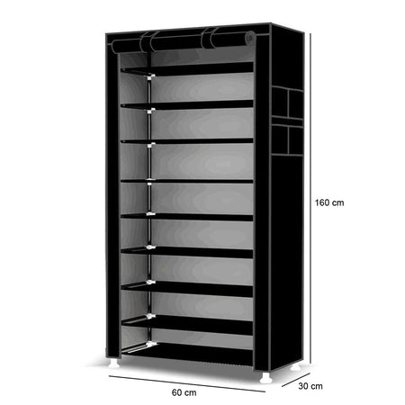 Scarpiera Salvaspazio 10Ripiani 27Paia Struttura Metallo Tessuto TNT 60x30 H160cm Nero
