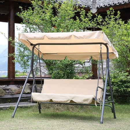 Dondolo Altalena da Giardino 3 posti con Parasole Regolabile in Acciaio Beige