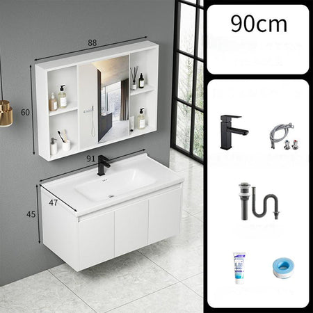 Mobile da Bagno Sospeso 90 cm con Lavabo Ceramica, Specchio e Rubinetto Incluso