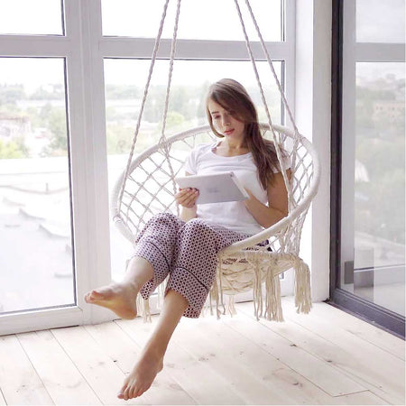 Poltrona Sospesa Giardino con Cuscino Sedia Dondolo Pensile Amaca in Tessuto Beige