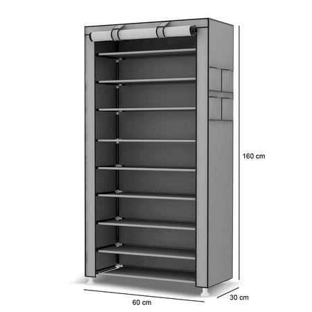 Scarpiera Salvaspazio 10Ripiani 27Paia Struttura Metallo Tessuto TNT 60x30 H160cm Grigio