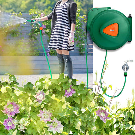 Avvolgitubo Acqua Automatico da Parete Giardino 30 mt Doccetta 9 Funzioni