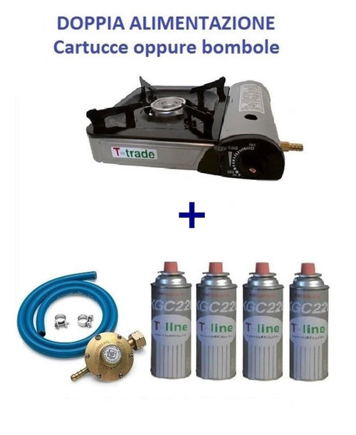 CUCINA GAS A VALIGIA + 4 CARTUCCE + KIT TUBO FORNELLO DOPPIO ALLACCIO / BOMBOLA