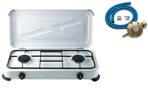 FORNELLO BIANCO 2 FUOCHI GAS BOMBOLA + 1 REGOLATORE +TUBO 2 MT + 2 FASCETTE