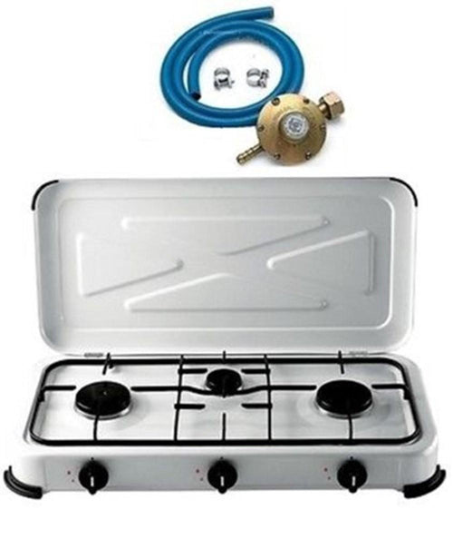 FORNELLO A GAS 3 FUOCHI 30 x 60 COMPLETO DI TUBO E REGOLATORE BIANCA CAMPEGGIO