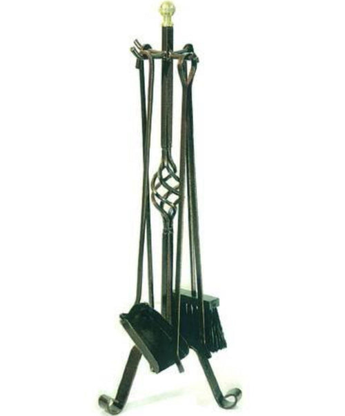 ATTREZZI CAMINO SET 4 PZ FERRO BATTUTO NERO + POMI OTTONE cm..25x70h FERR 245883