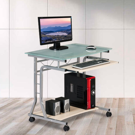 Scrivania per PC Compatta in Metallo e Vetro con Ruote