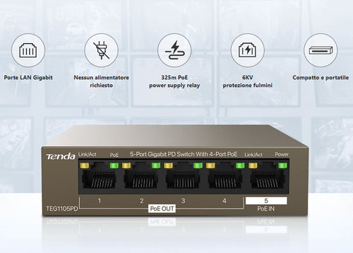 Switch PoE 5 porte Gigabit PD, TEG1105PD