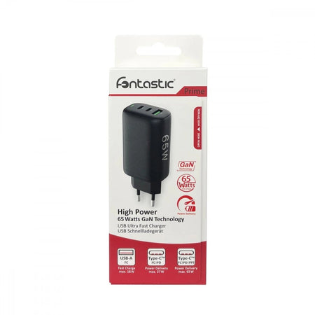 Caricabatterie GaN USB-A e 2 porte USB-C&trade Power Delivery 65W Ricarica Rapida Nero