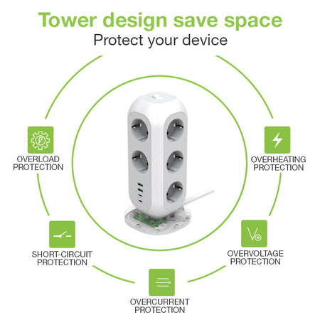 Multipresa da Tavolo Torretta di Alimentazione 11 Prese Schuko 2 USB-A e 2 USB-C&trade