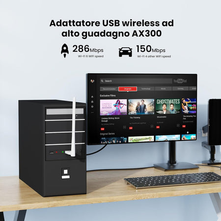 Adattatore USB Wireless Wi-Fi 6 ad Alto Guadagno 2.4G/286Mbps, U2 V5.0
