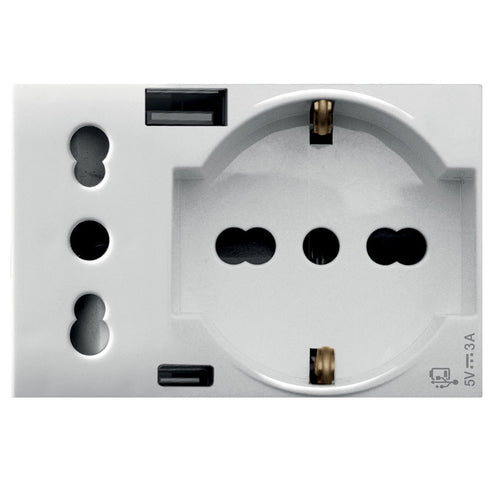 WHITEK S44 Presa Schuko Presa Italiana USB-A e USB-C&trade 2P+T 10/16A 250V 3 Moduli Bianco Opaco, 44609015USB