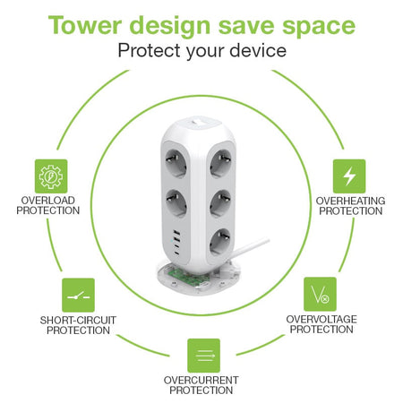 Multipresa da Tavolo Torretta di Alimentazione 11 Prese Schuko 2 USB-A e 2 USB-C&trade