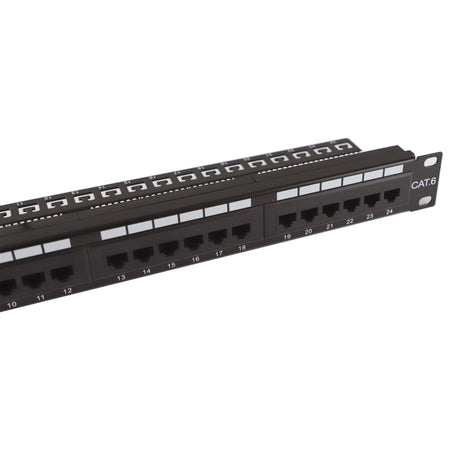 Pannello Patch UTP 24 Posti Cat.6 1U con barra gestione cavi removibile Nero