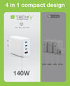 Caricatore Alimentatore GaN 3 porte USB-C&trade e 1 USB-A da Muro 140W