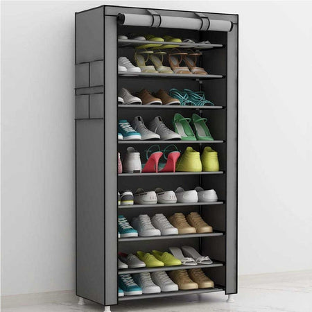 Scarpiera Salvaspazio 10Ripiani 27Paia Struttura Metallo Tessuto TNT 60x30 H160cm Grigio