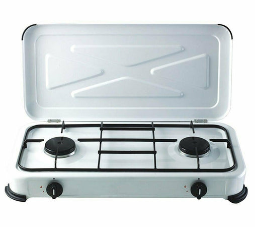 FORNELLO GAS 2 FUOCHI BIANCO A GAS BOMBOLA CM 30 X 60 CASA CAMPEGGIO GITA