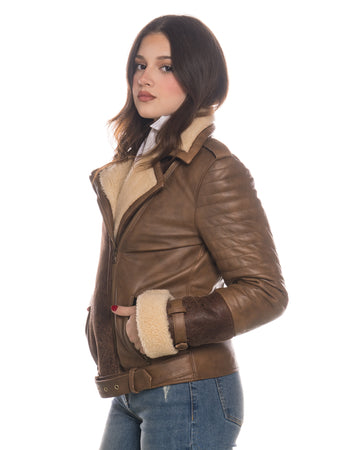Alaska - Chiodo Donna Cuoio in vero montone Shearling Beige e in vera pelle