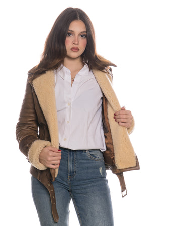 Alaska - Chiodo Donna Cuoio in vero montone Shearling Beige e in vera pelle