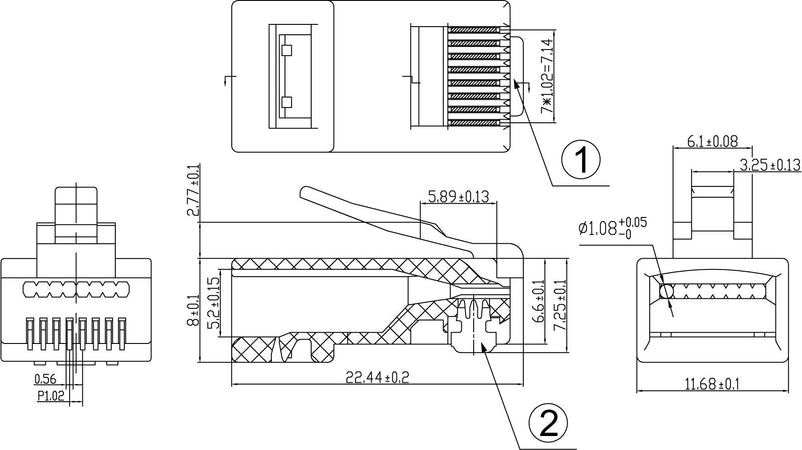 Confezione 100 Plug modulari RJ45 Passanti Cat6 UTP