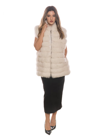 Arianna - Smanicato Donna Bianco in vera pelliccia con cappuccio