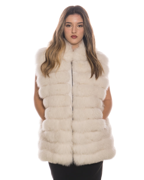 Arianna - Smanicato Donna Bianco in vera pelliccia con cappuccio