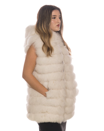 Arianna - Smanicato Donna Bianco in vera pelliccia con cappuccio