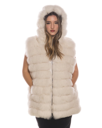 Arianna - Smanicato Donna Bianco in vera pelliccia con cappuccio