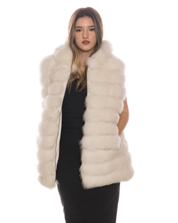 Arianna - Smanicato Donna Bianco in vera pelliccia con cappuccio