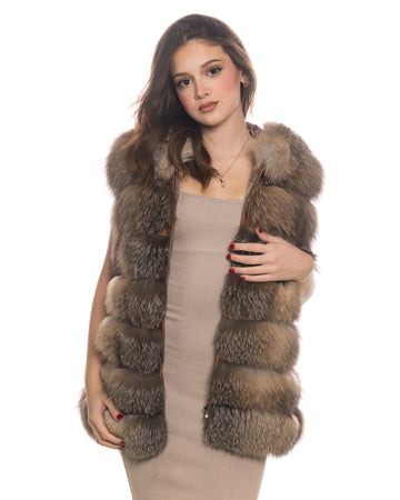 Arianna - Smanicato Donna Beige in vera pelliccia di volpe con cappuccio