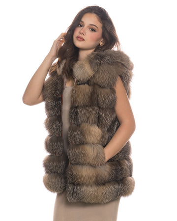 Arianna - Smanicato Donna Beige in vera pelliccia di volpe con cappuccio
