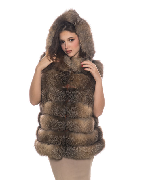 Arianna - Smanicato Donna Beige in vera pelliccia di volpe con cappuccio