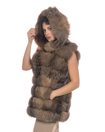 Arianna - Smanicato Donna Beige in vera pelliccia di volpe con cappuccio