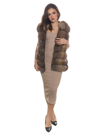 Arianna - Smanicato Donna Beige in vera pelliccia di volpe con cappuccio